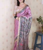 Pink printed tussar silk printed saree with blouse