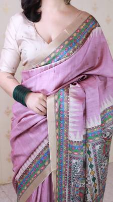 Pink printed tussar silk printed saree with blouse 4
