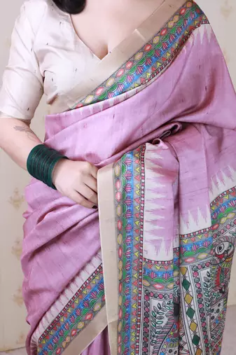 Pink printed tussar silk printed saree with blouse