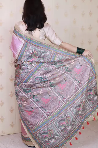 Pink printed tussar silk printed saree with blouse