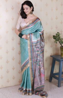 Sea green printed tussar silk printed saree with blouse 2