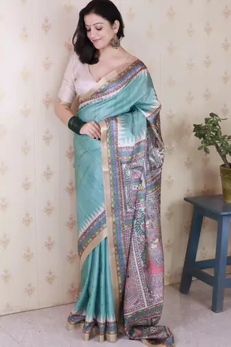 Sea green printed tussar silk printed saree with blouse