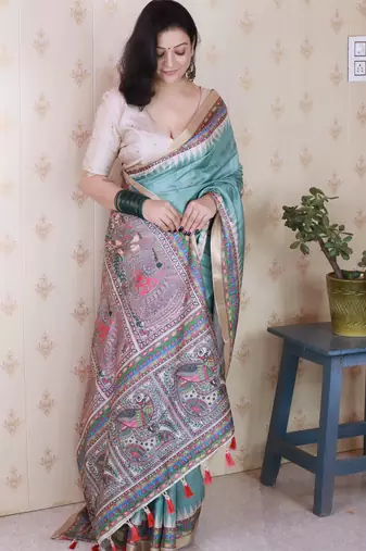 Sea green printed tussar silk printed saree with blouse