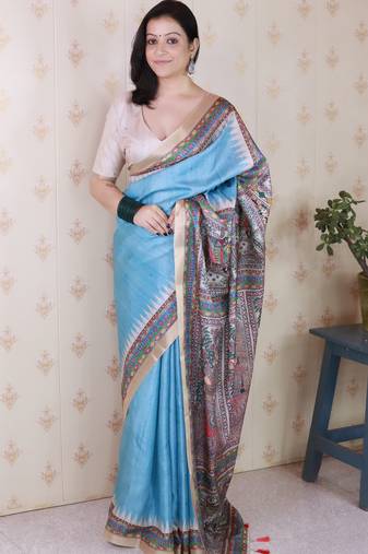 Sky blue printed tussar silk printed saree with blouse