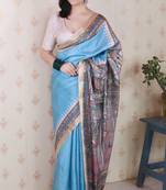 Sky blue printed tussar silk printed saree with blouse