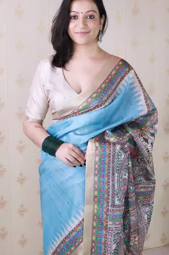 Sky blue printed tussar silk printed saree with blouse