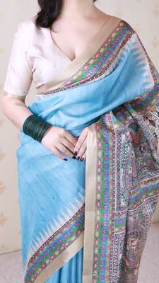 Sky blue printed tussar silk printed saree with blouse 4