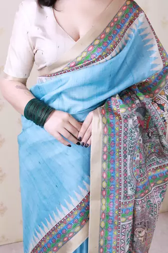 Sky blue printed tussar silk printed saree with blouse