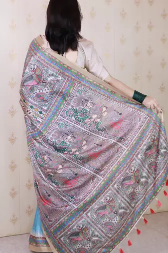 Sky blue printed tussar silk printed saree with blouse