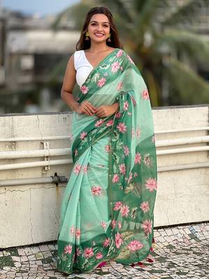 Green printed chanderi cotton printed saree with blouse 1