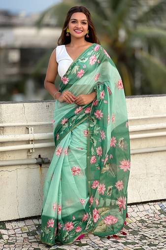 Green printed chanderi cotton printed saree with blouse
