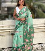 Green printed chanderi cotton printed saree with blouse