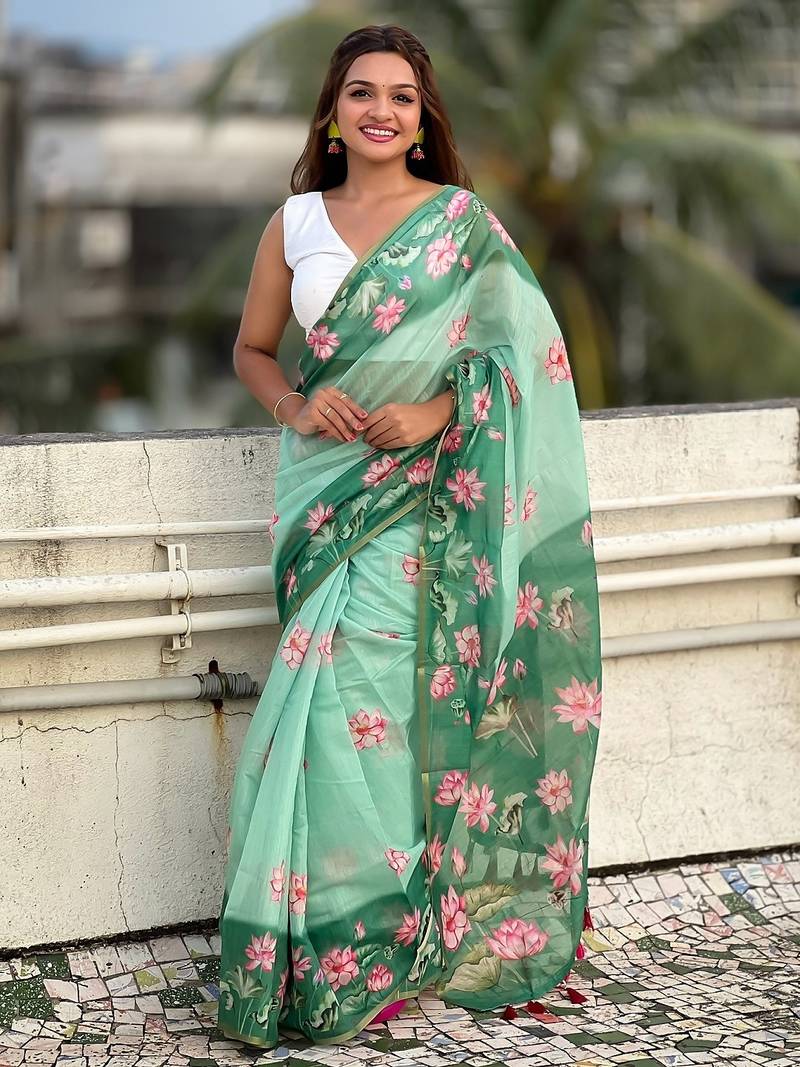Green printed chanderi cotton printed saree with blouse