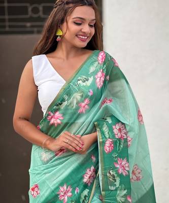 Green printed chanderi cotton printed saree with blouse 2