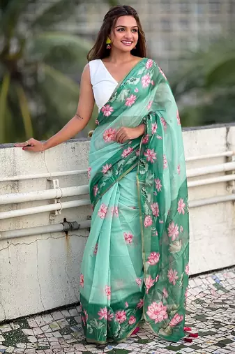 Green printed chanderi cotton printed saree with blouse
