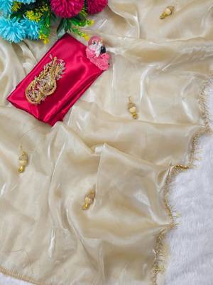 Cream Color  Hand Made Lace & Beautiful Heavy Latkan On Full Pallu Work Satin art silk saree  1