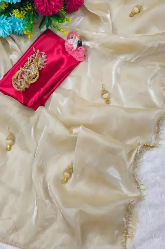 Cream Color  Hand Made Lace & Beautiful Heavy Latkan On Full Pallu Work Satin Silk Saree 