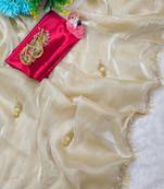 Cream Color  Hand Made Lace & Beautiful Heavy Latkan On Full Pallu Work Satin Silk Saree 
