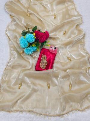 Cream Color  Hand Made Lace & Beautiful Heavy Latkan On Full Pallu Work Satin art silk saree  2