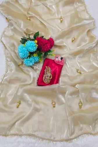 Cream Color  Hand Made Lace & Beautiful Heavy Latkan On Full Pallu Work Satin art silk saree 