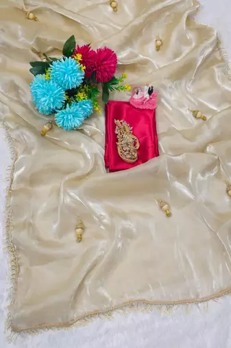 Cream Color  Hand Made Lace & Beautiful Heavy Latkan On Full Pallu Work Satin art silk saree 