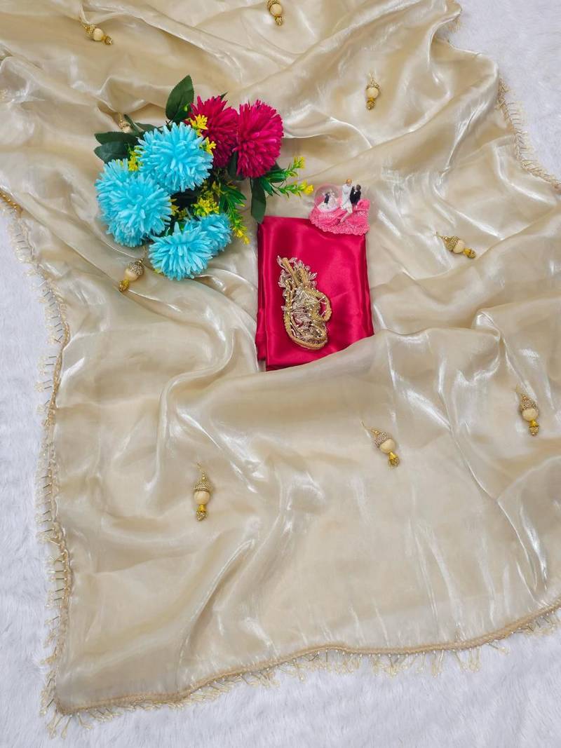 Cream Color  Hand Made Lace & Beautiful Heavy Latkan On Full Pallu Work Satin Silk Saree 