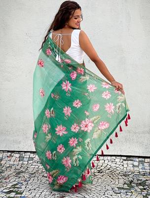 Green printed chanderi cotton printed saree with blouse 4