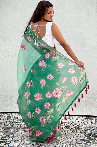 Green printed chanderi cotton printed saree with blouse
