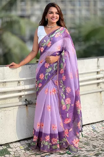 Lavender printed chanderi cotton printed saree with blouse