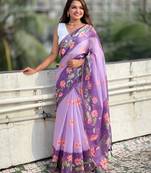 Lavender printed chanderi cotton printed saree with blouse