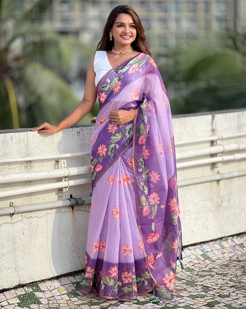 Lavender printed chanderi cotton printed saree with blouse