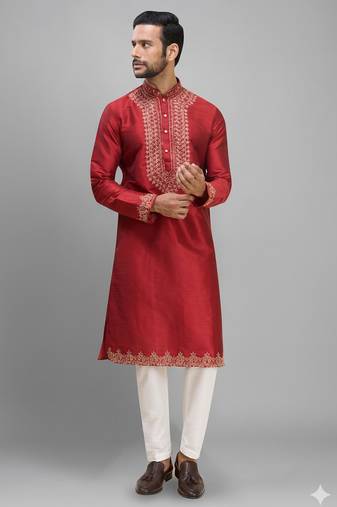 men’s red silk kurta set with heavy embroidery