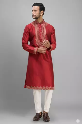 men’s red silk kurta set with heavy embroidery