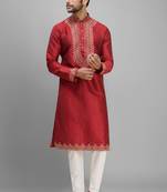 men’s red silk kurta set with heavy embroidery