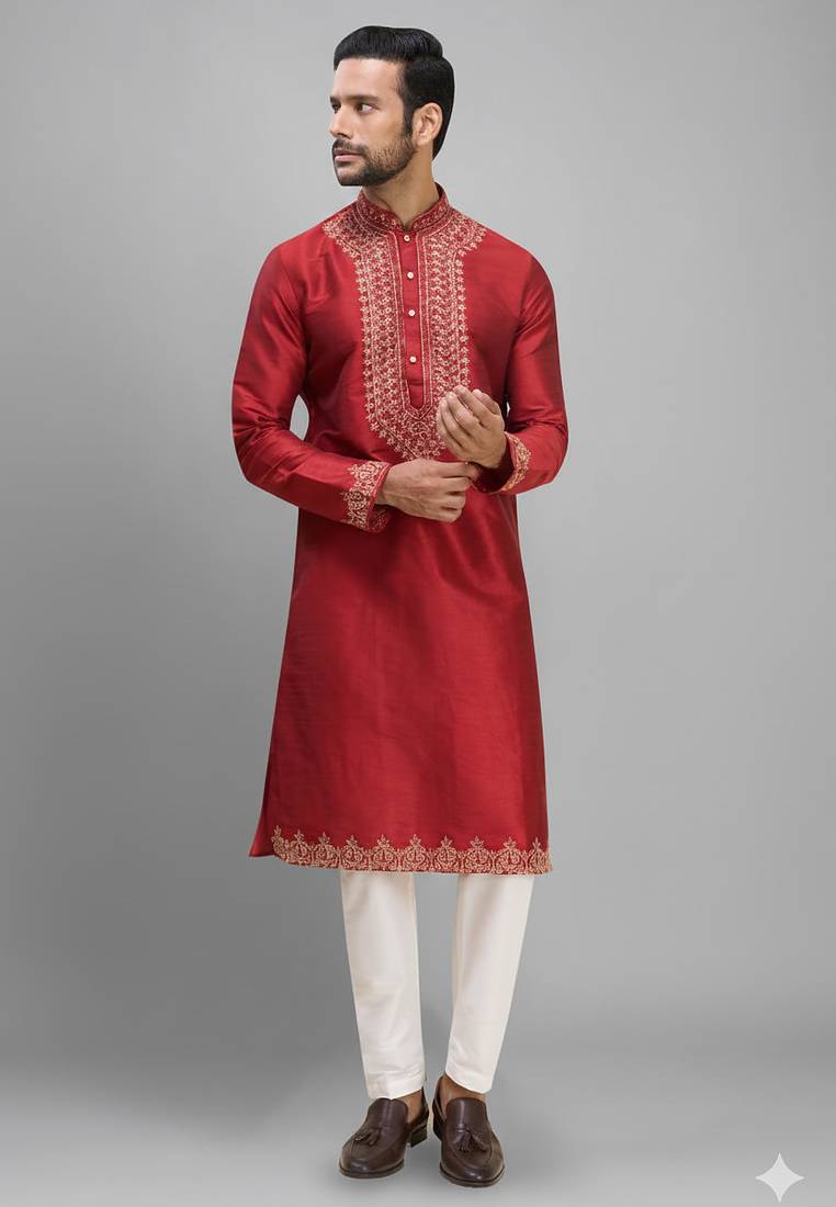 men’s red silk kurta set with heavy embroidery