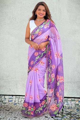 Lavender printed chanderi cotton printed saree with blouse