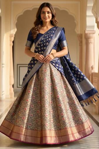 Pure Silk Unstitched Banarasi Lehanga Set in Contrast Shade with Blouse