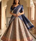 Pure Silk Unstitched Banarasi Lehanga Set in Contrast Shade with Blouse