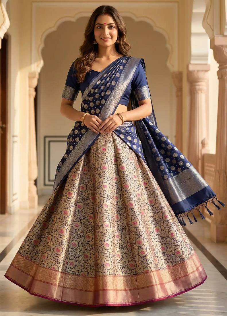 Pure Silk Unstitched Banarasi Lehanga Set in Contrast Shade with Blouse