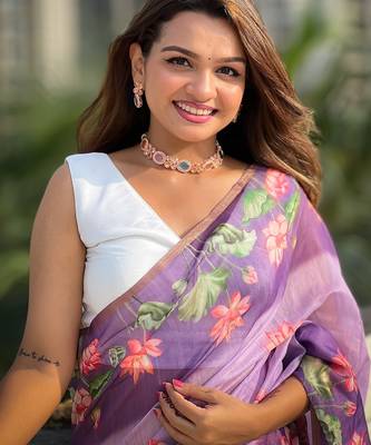 Lavender printed chanderi cotton printed saree with blouse 4