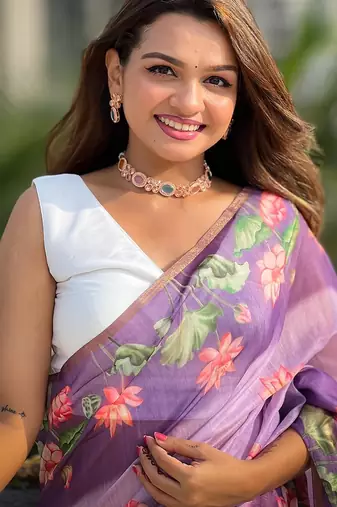 Lavender printed chanderi cotton printed saree with blouse