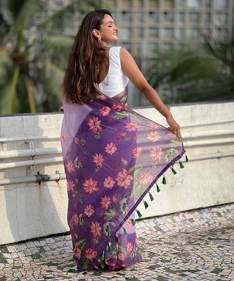 Lavender printed chanderi cotton printed saree with blouse 5