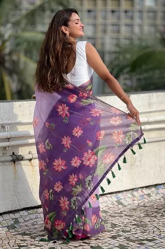 Lavender printed chanderi cotton printed saree with blouse