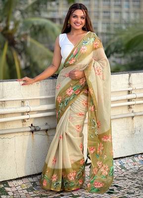 Mehendi printed chanderi cotton printed saree with blouse 1