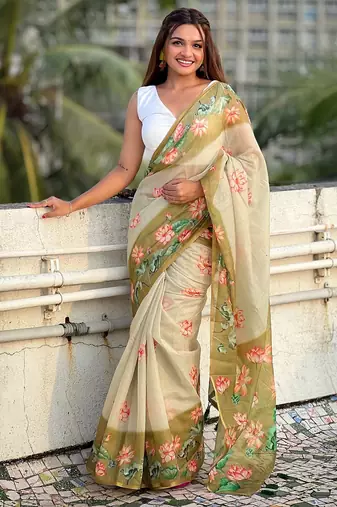 Mehendi printed chanderi cotton printed saree with blouse