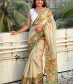 Mehendi printed chanderi cotton printed saree with blouse