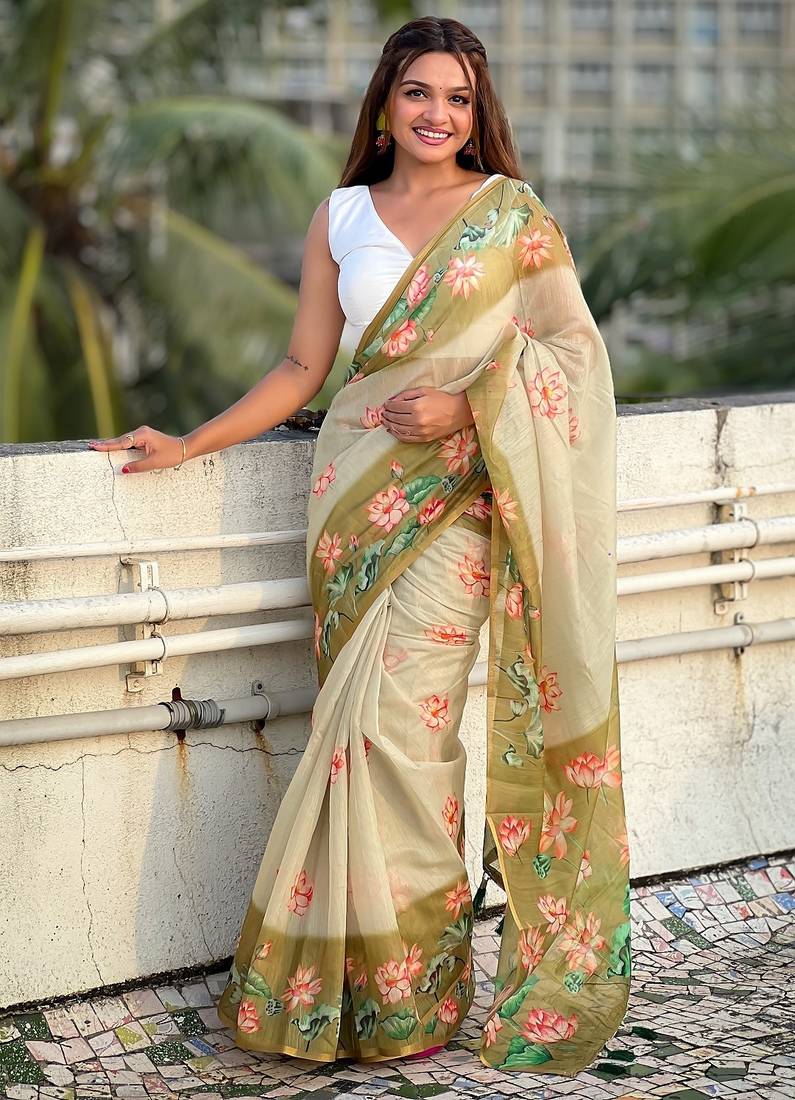 Mehendi printed chanderi cotton printed saree with blouse