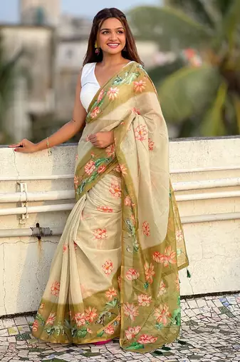 Mehendi printed chanderi cotton printed saree with blouse