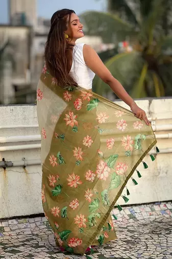 Mehendi printed chanderi cotton printed saree with blouse