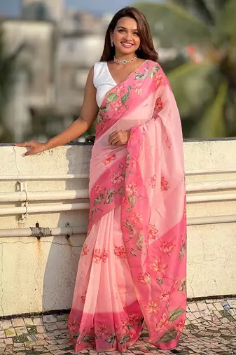 Pink printed chanderi cotton printed saree with blouse